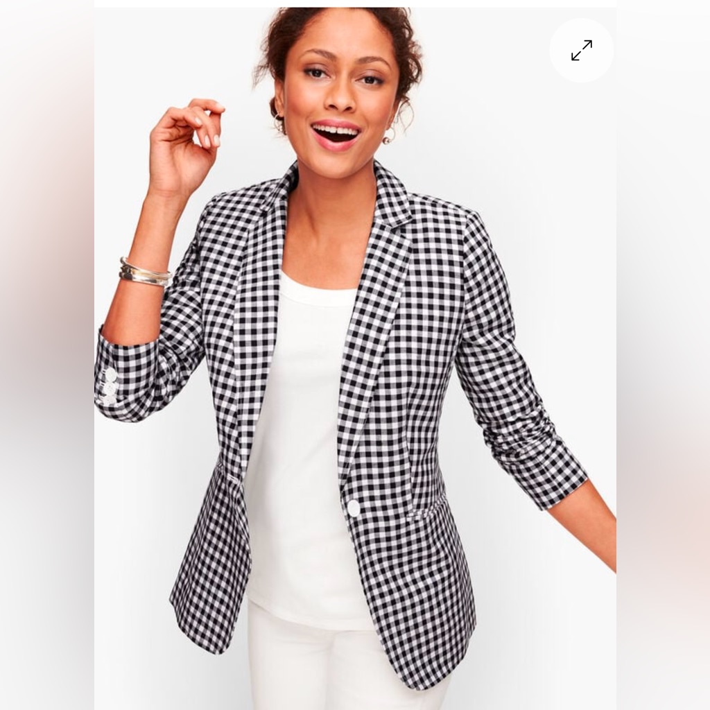 Talbots Blazer Size 2 Black & White Linen Gingham Checkered Jacket Blazer